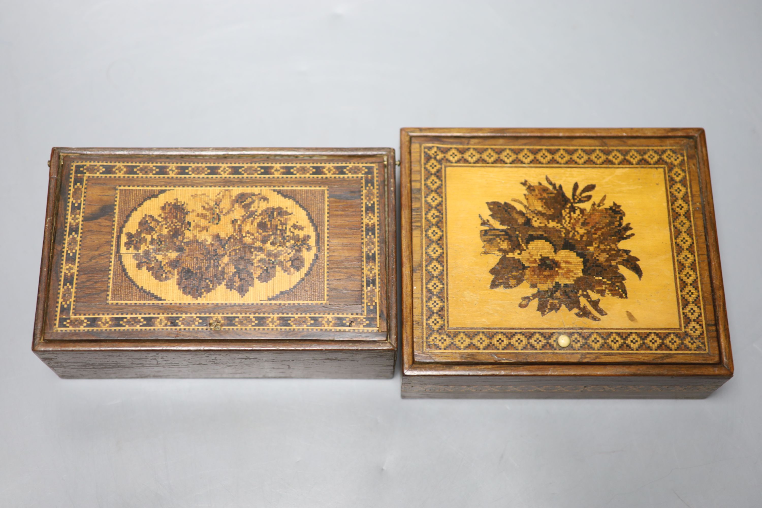 Two Tunbridge ware floral tesserae mosaic pin hinged boxes, late 19th century, 15.3 and 17cm